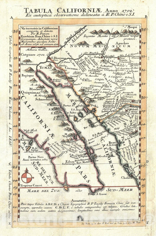 Historic Map : California "first map to disprove The Califorina as an Island theory", Kino, 1702, Vintage Wall Art