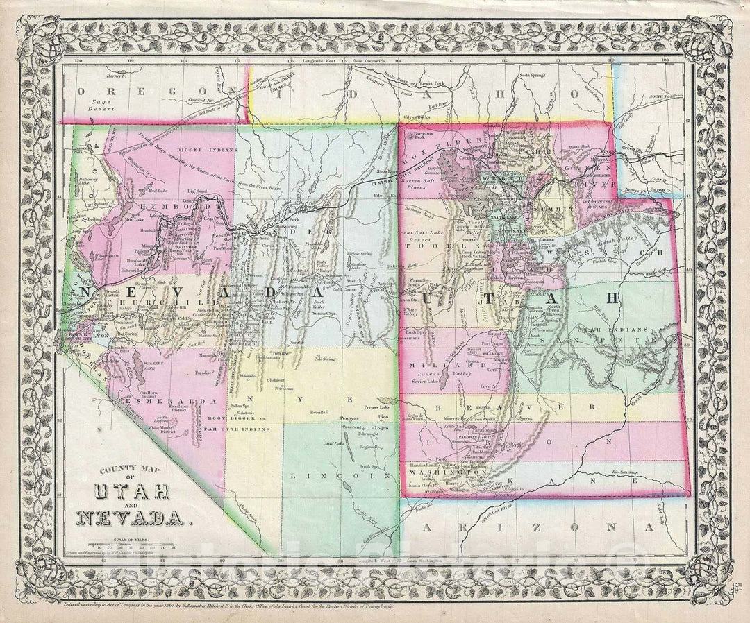 Historic Map : Utah and Nevada, Mitchell, 1867, Vintage Wall Art
