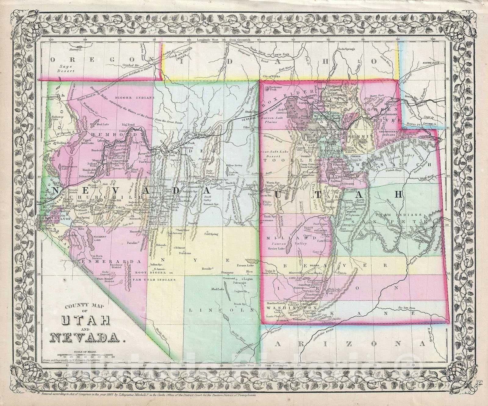 Historic Map : Utah and Nevada, Mitchell, 1867, Vintage Wall Art