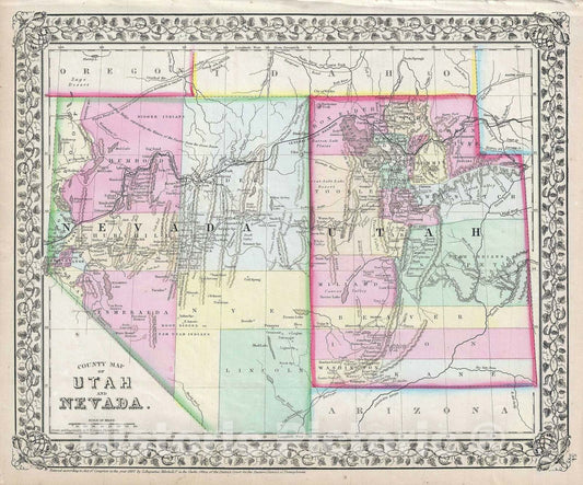Historic Map : Utah and Nevada, Mitchell, 1867, Vintage Wall Art