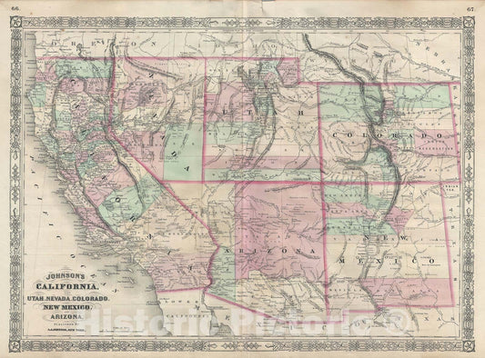 Historic Map : California, Utah, Colorado, Nevada, Arizona and New Mexico, Johnson, 1866, Vintage Wall Art