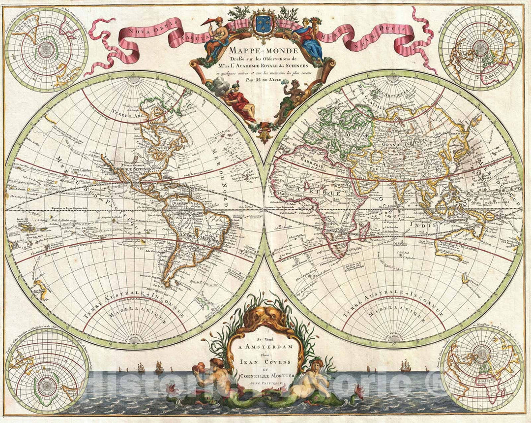 Historic Map : The World in Hemispheres, De L'Isle, 1730, Vintage Wall Art