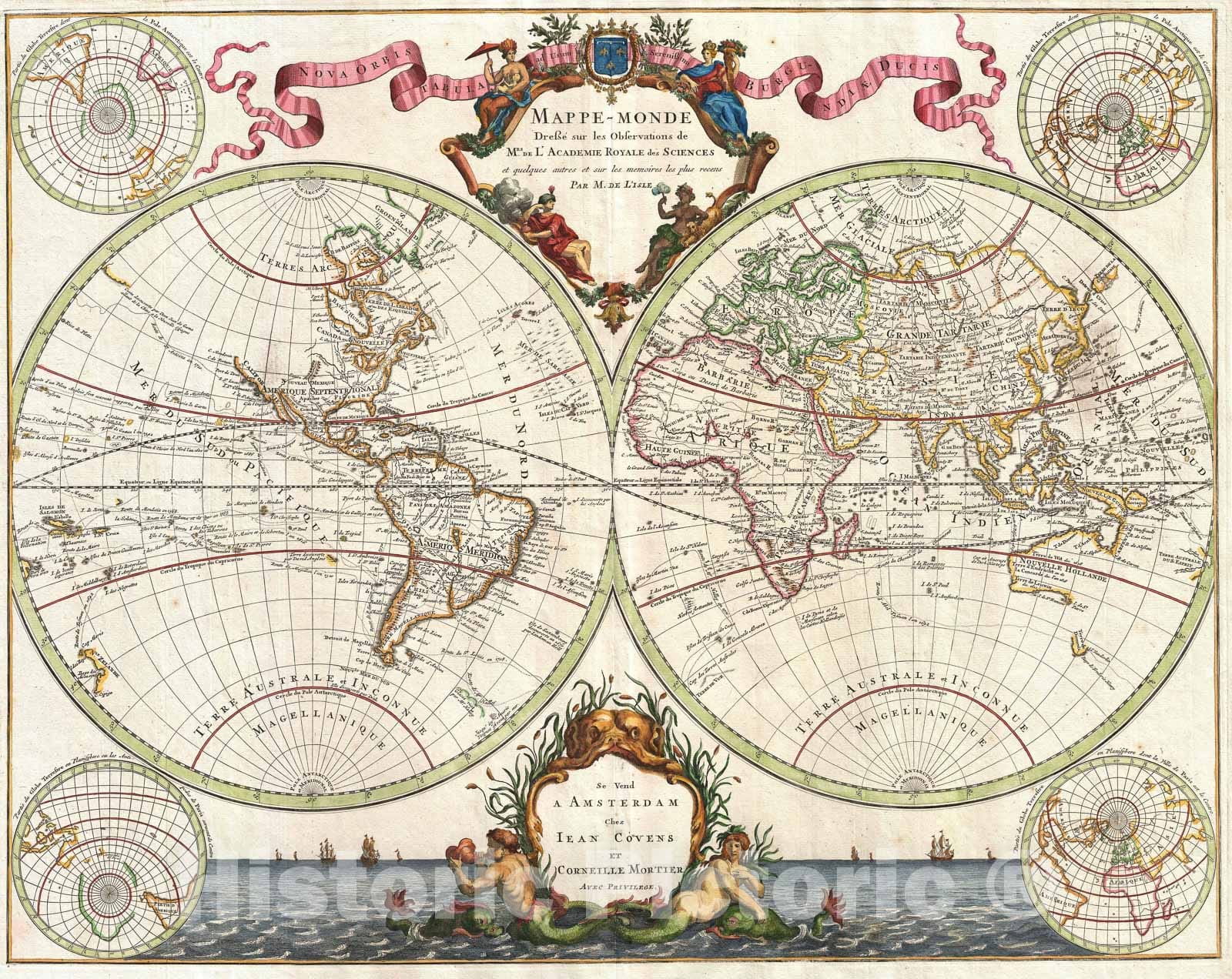 Historic Map : The World in Hemispheres, De L'Isle, 1730, Vintage Wall Art