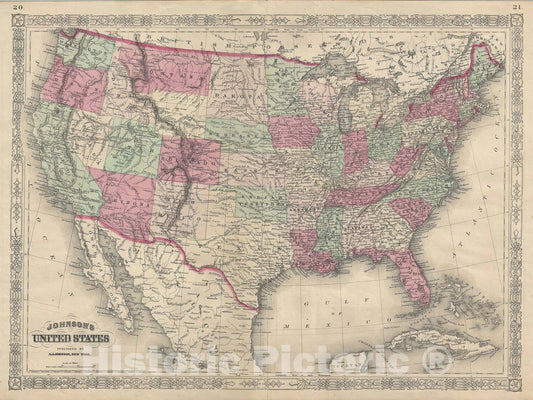 Historic Map : The United States, Johnson, 1866, Vintage Wall Art