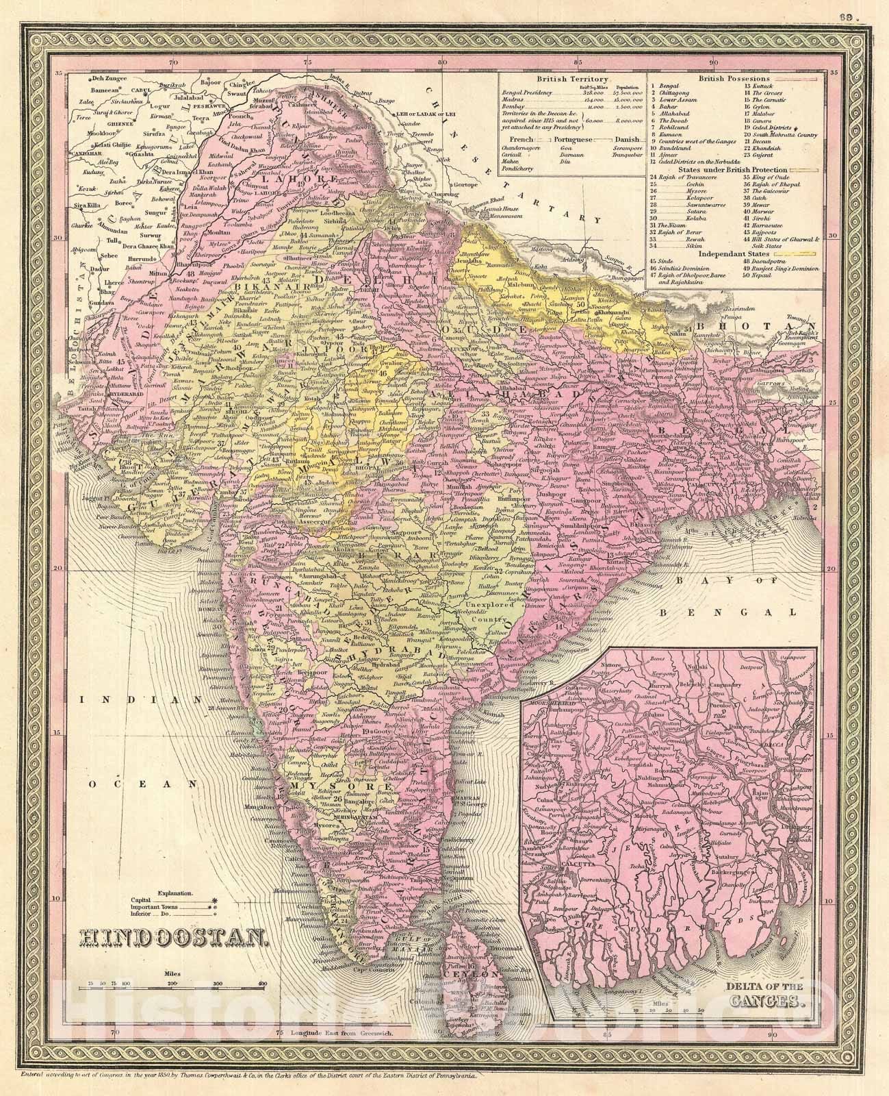 Historic Map : Hindoostan, Mitchell, 1854, Vintage Wall Art