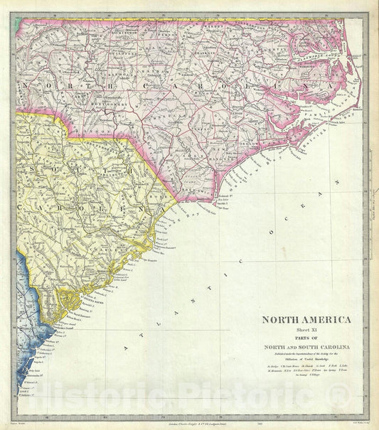 Historic Map : North Carolina and South Carolina, S.D.U.K., 1848, Vintage Wall Art