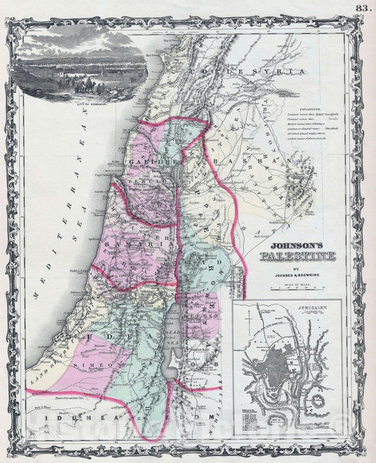Historic Map : Palestine, Israel, or The Holy Land, Johnson, 1861, Vintage Wall Art