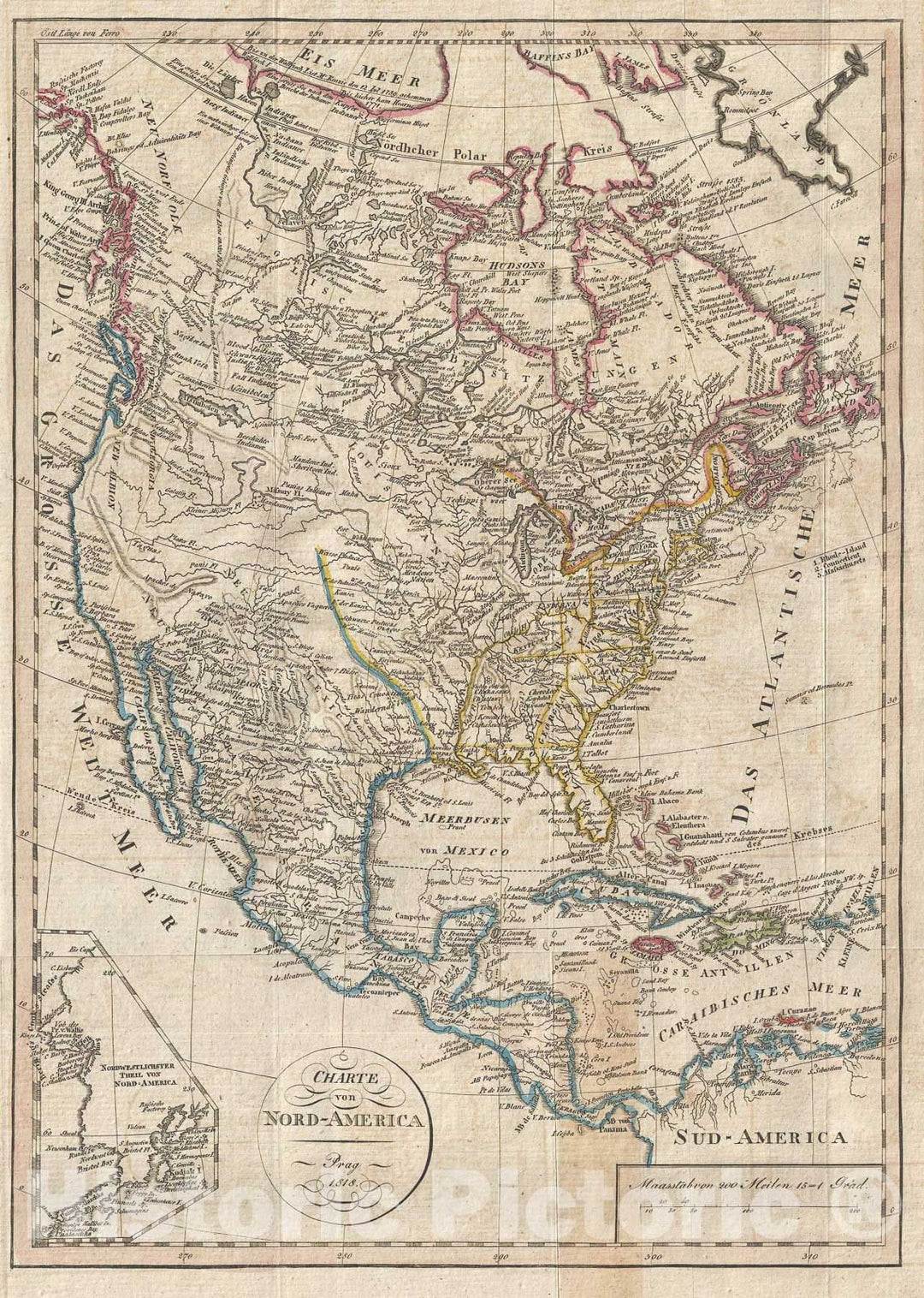 Historic Map : North America w/ interesting Trans-Mississippi, Franz Pluth, 1818, Vintage Wall Art