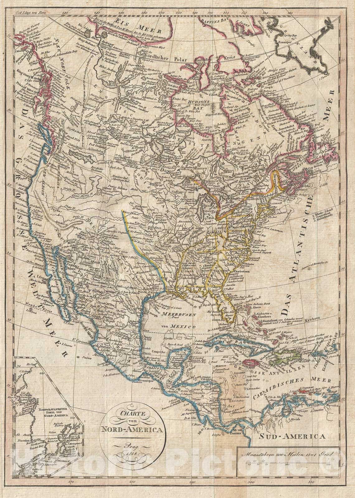 Historic Map : North America w/ interesting Trans-Mississippi, Franz Pluth, 1818, Vintage Wall Art