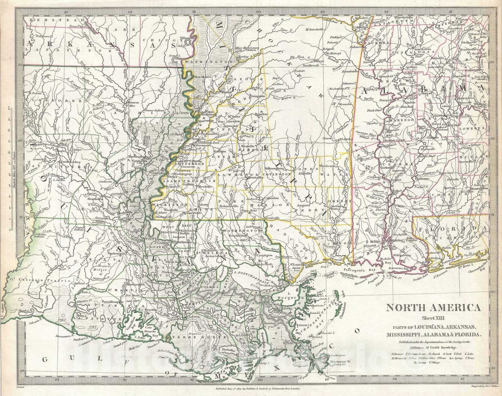 Historic Map : Louisiana, Mississippi, and Alabama, S.D.U.K., 1833, Vintage Wall Art
