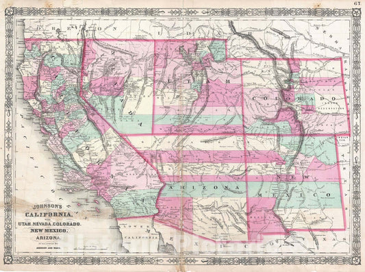 Historic Map : California, Nevada, Utah, Arizona, New Mexico and Colorado, Johnson, 1864, Vintage Wall Art