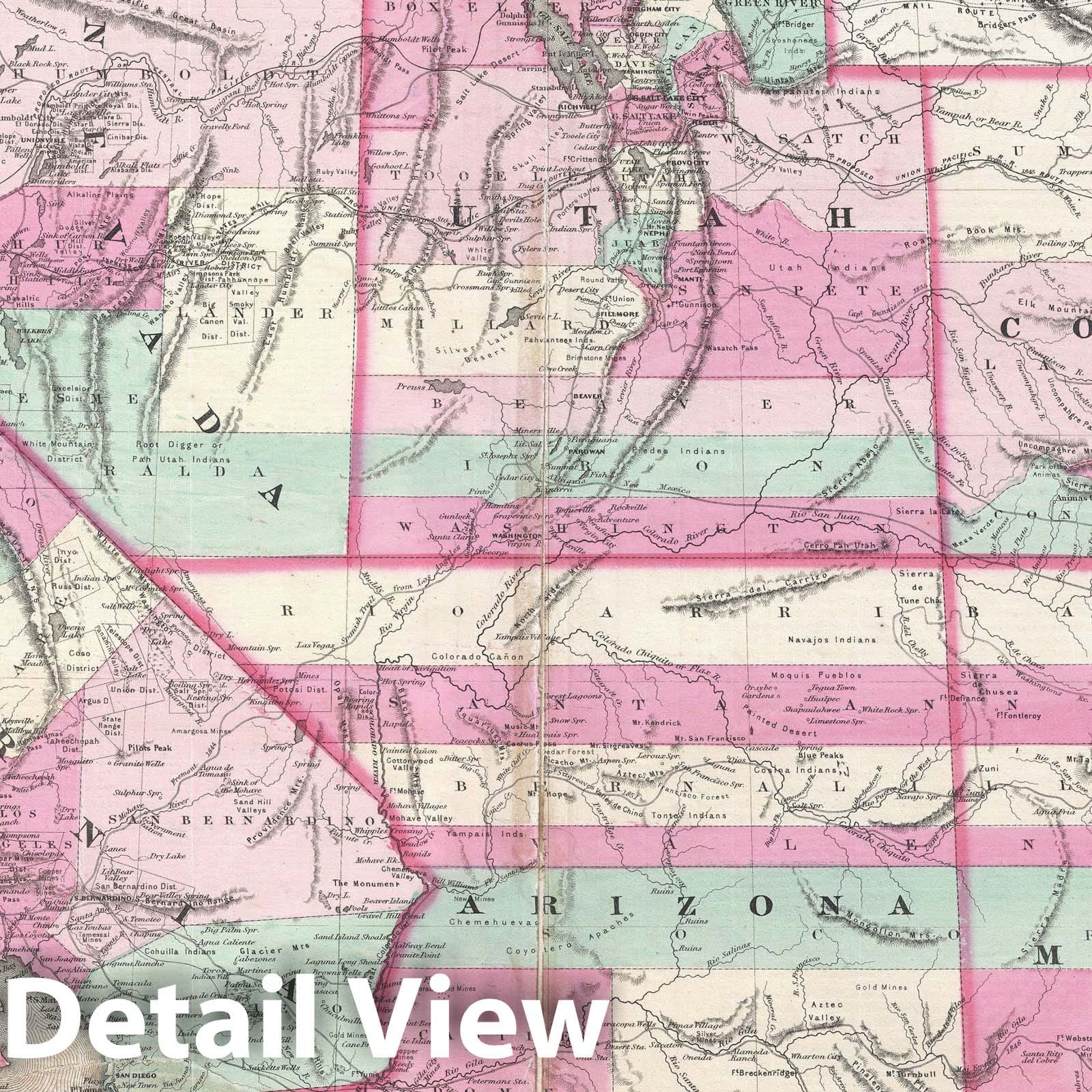 Historic Map : California, Nevada, Utah, Arizona, New Mexico and Colorado, Johnson, 1864, Vintage Wall Art
