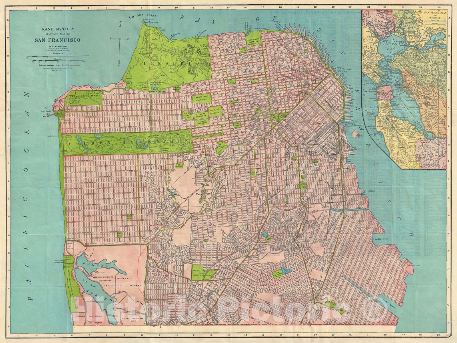 Historic Map : Plan of San Francisco, California, Rand McNally, 1927, Vintage Wall Art