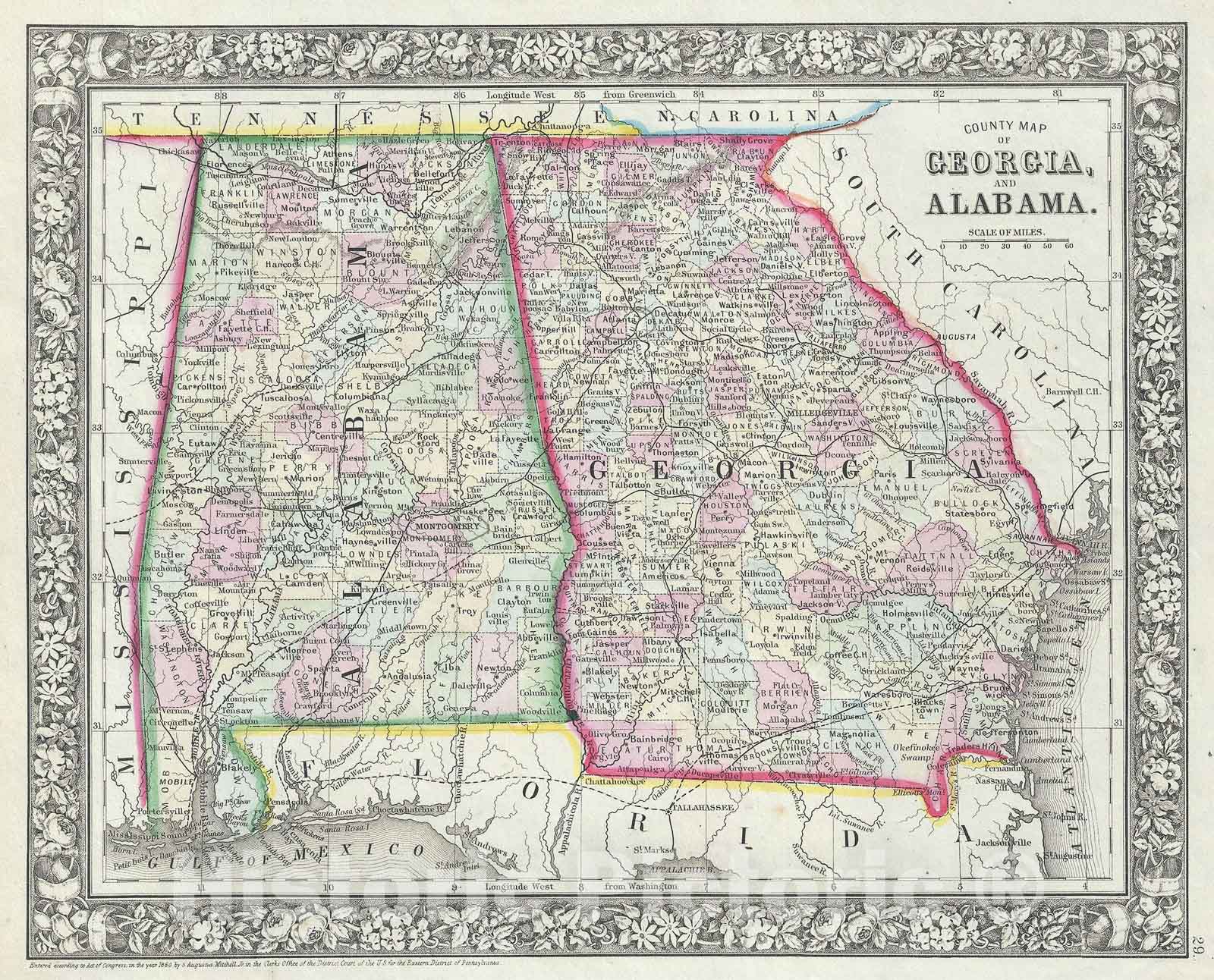 Historic Map : Georgia and Alabama, Mitchell, 1866, Vintage Wall Art