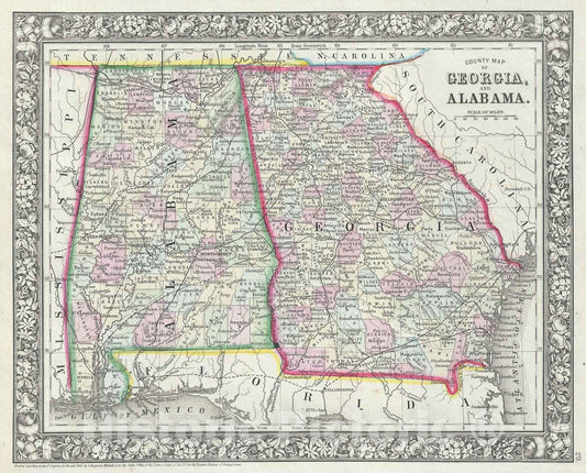 Historic Map : Georgia and Alabama, Mitchell, 1866, Vintage Wall Art