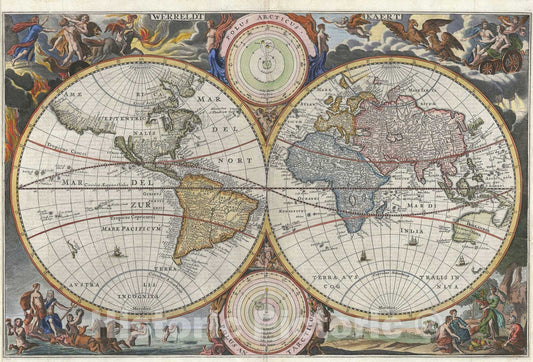 Historic Map : The World in Two Hemispheres, Keur and Visscher, 1682, Vintage Wall Art