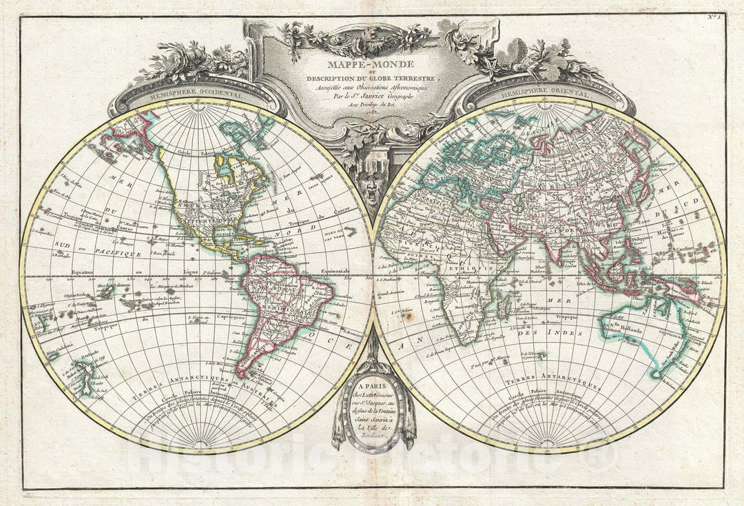 Historic Map : The World on a Hemisphere Projection, Lattre and Janvier, 1782, Vintage Wall Art