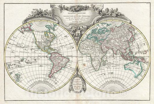 Historic Map : The World on a Hemisphere Projection, Lattre and Janvier, 1782, Vintage Wall Art