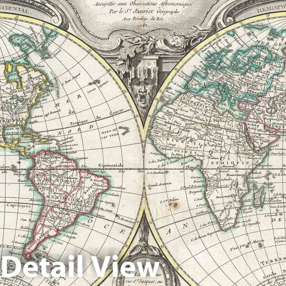Historic Map : The World on a Hemisphere Projection, Lattre and Janvier, 1782, Vintage Wall Art