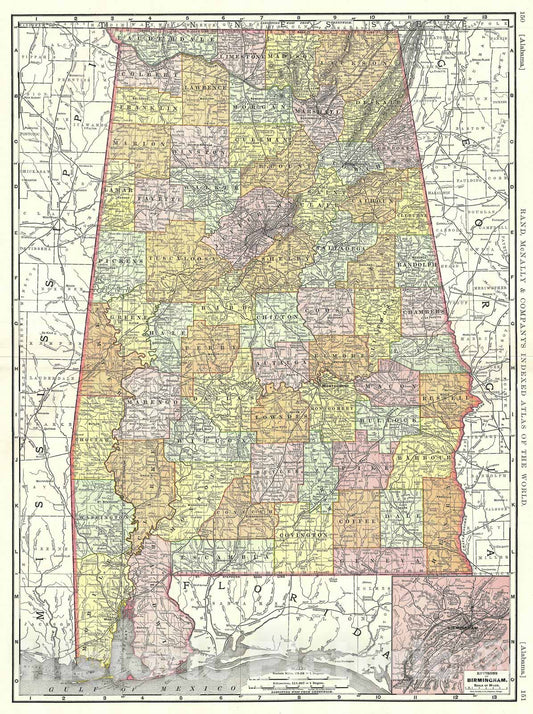 Historic Map : Alabama, Rand McNally, 1892, Vintage Wall Art