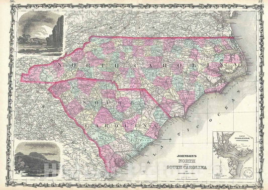 Historic Map : North Carolina and South Carolina, Johnson, 1863, Vintage Wall Art