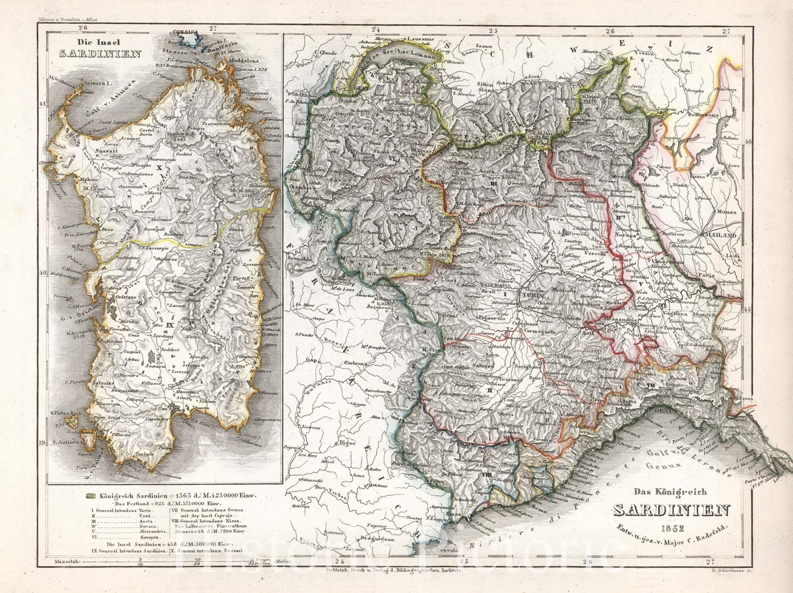 Historic Map : The Kingdom of Sardinia "Piedmont and Sardinia", Meyer, 1852, Vintage Wall Art