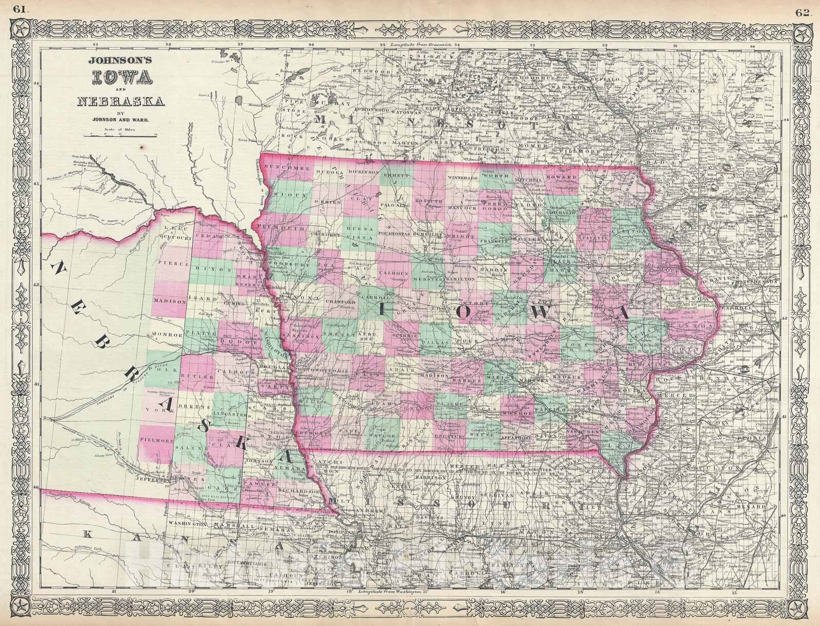 Historic Map : Iowa and Nebraska, Johnson, 1864 v1, Vintage Wall Art