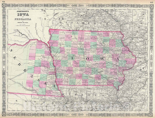 Historic Map : Iowa and Nebraska, Johnson, 1864 v1, Vintage Wall Art
