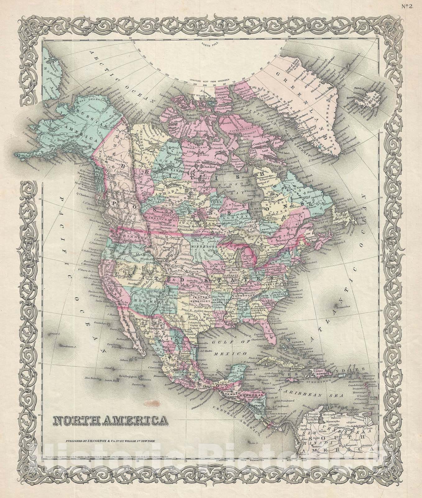 Historic Map : North America: United States, Mexico, Canada, Colton, 1856 v2, Vintage Wall Art