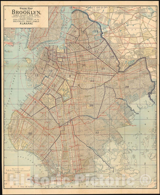 Historic Map : Map of The Borough of Brooklyn Engraved for The Brooklyn Daily Eagle, 1898, Vintage Wall Art
