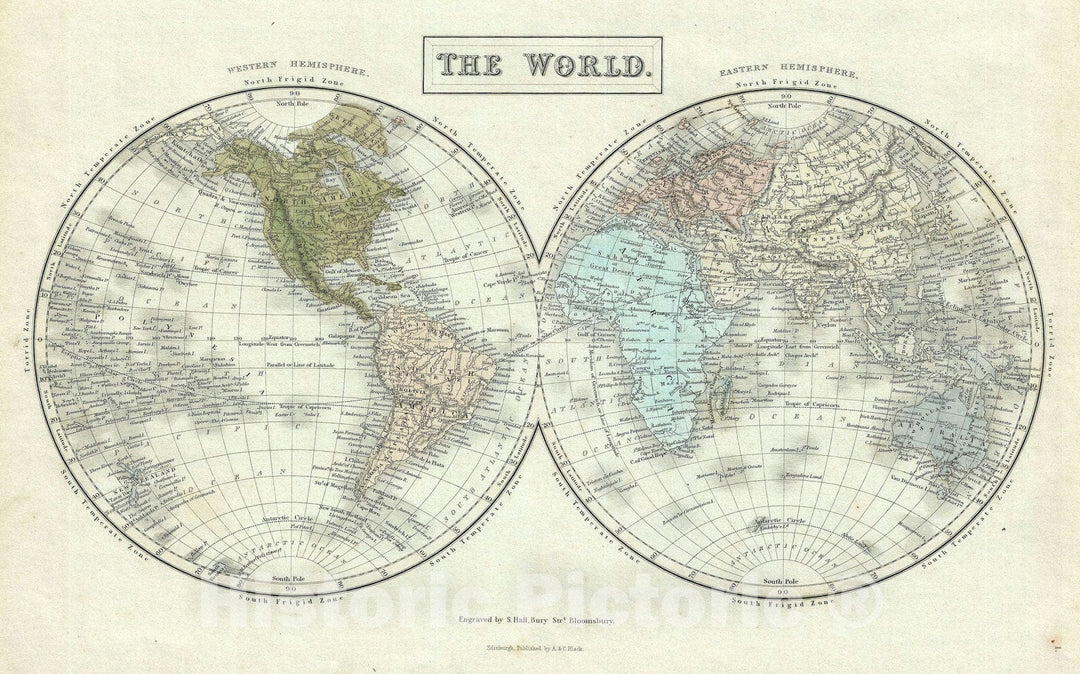 Historic Map : The World in Two Hemispheres, Black, 1851, Vintage Wall Art