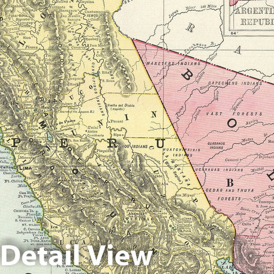 Historic Map : Bolivia, Ecuador and Peru, Rand McNally, 1892, Vintage Wall Art