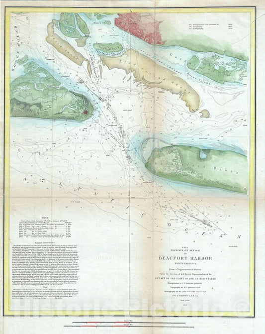 Historic Map : Beaufort Harbor, North Carolina, U. S. Coast Survey, 1851, Vintage Wall Art