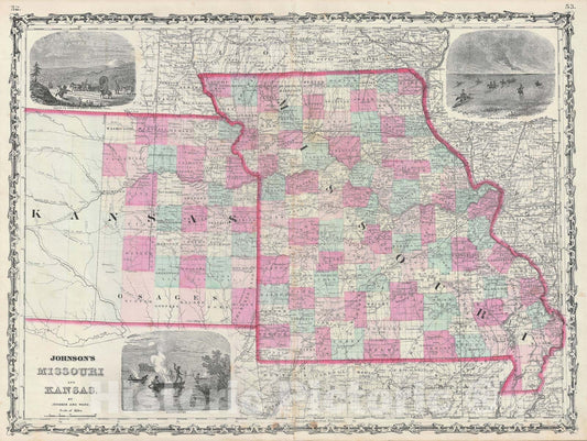 Historic Map : Missouri and Kansas, Johnson, 1863, Vintage Wall Art