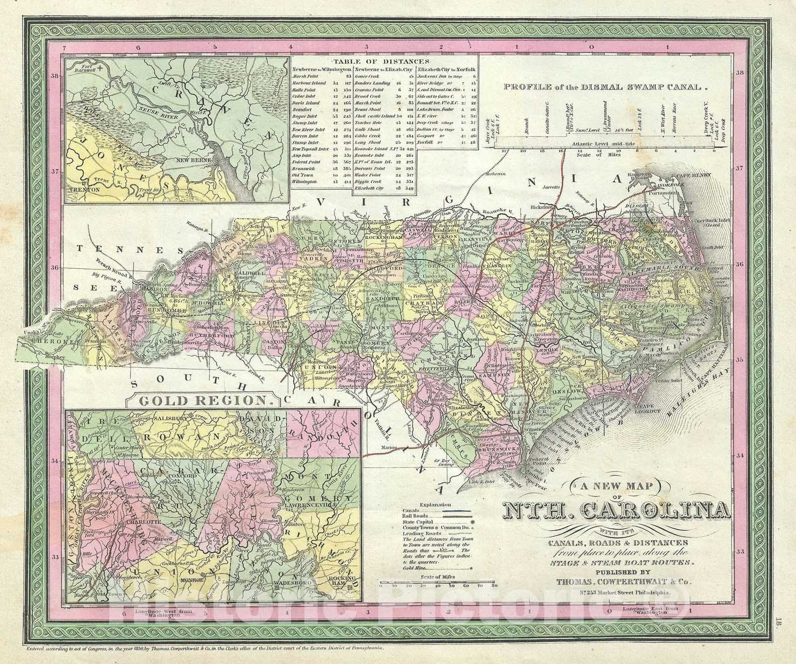 Historic Map : North Carolina with The Gold Regions, Mitchell, 1854, Vintage Wall Art