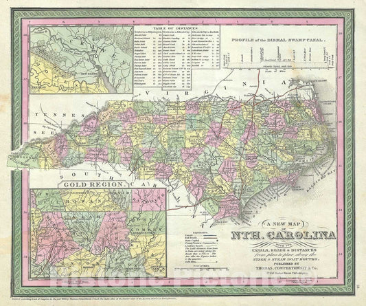 Historic Map : North Carolina with The Gold Regions, Mitchell, 1854, Vintage Wall Art