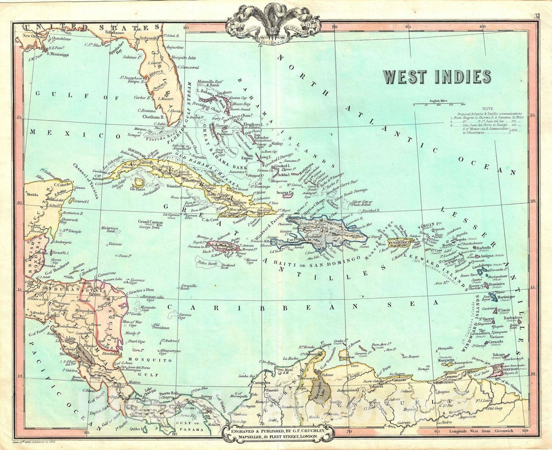 Historic Map : West Indies, Cruchley, 1852, Vintage Wall Art