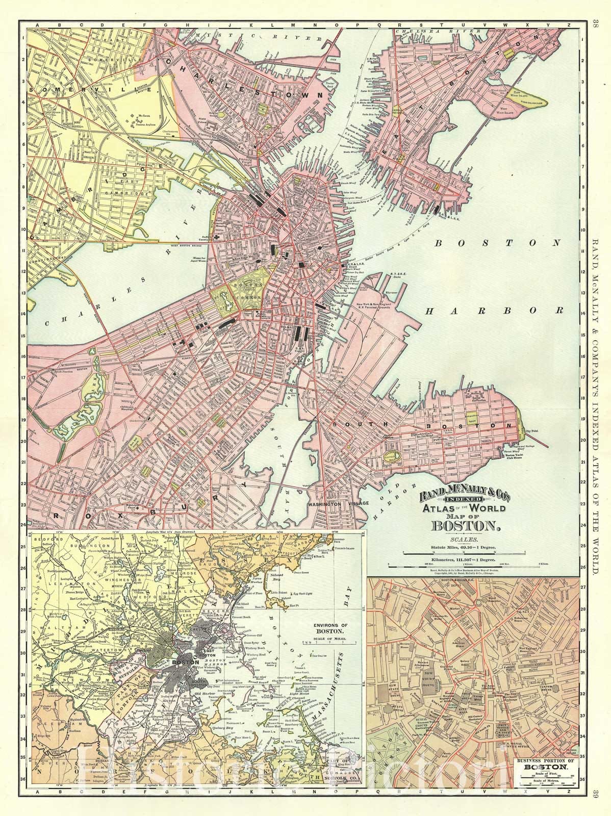 Historic Map : Plan of Boston, Massachusetts, Rand McNally, 1891, Vintage Wall Art