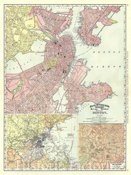 Historic Map : Plan of Boston, Massachusetts, Rand McNally, 1891, Vintage Wall Art