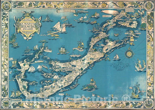Historic Map : Pictorial Bermuda "Bermuda Islands", Shurtleff, 1930, Vintage Wall Art
