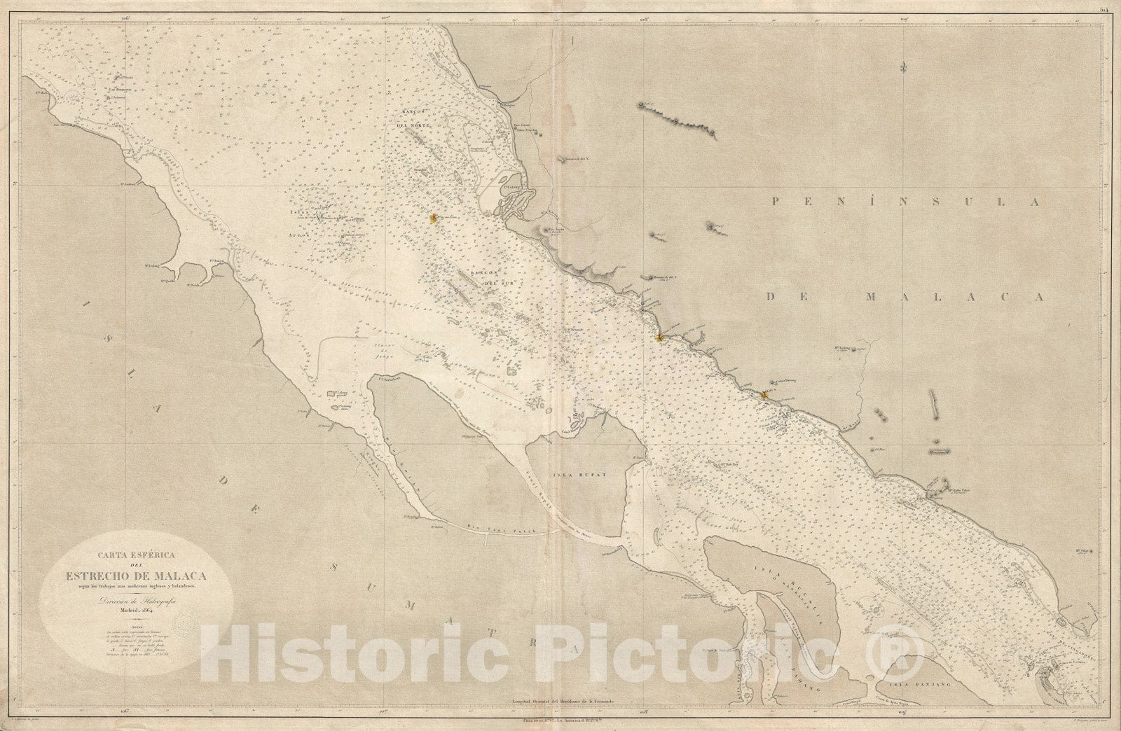 Historic Map : Nautical Chart The Strait of Malacca, Direccion Hydrografica, 1864, Vintage Wall Art