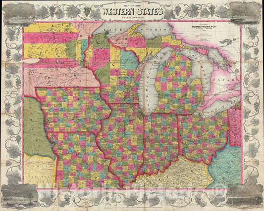 Historic Map : Ohio, Michigan, Illinois, Indiana, Wisconsin, Iowa, Missouri, and Minnesota, Atwood, 1853, Vintage Wall Art