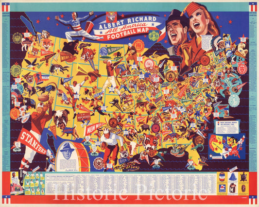 Historic Map : Albert Richard Pictorial Map of The United States College Football Teams, 1941, Vintage Wall Art