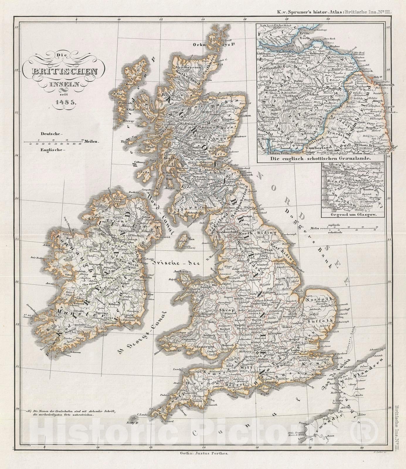 Historic Map : The British Isles in 1485, Spruner, 1854, Vintage Wall Art
