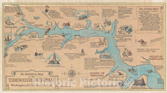 Historic Map : Tilp Pictorial Map of The Potomac from Washington, D.C. to Maryland, 1946, Vintage Wall Art