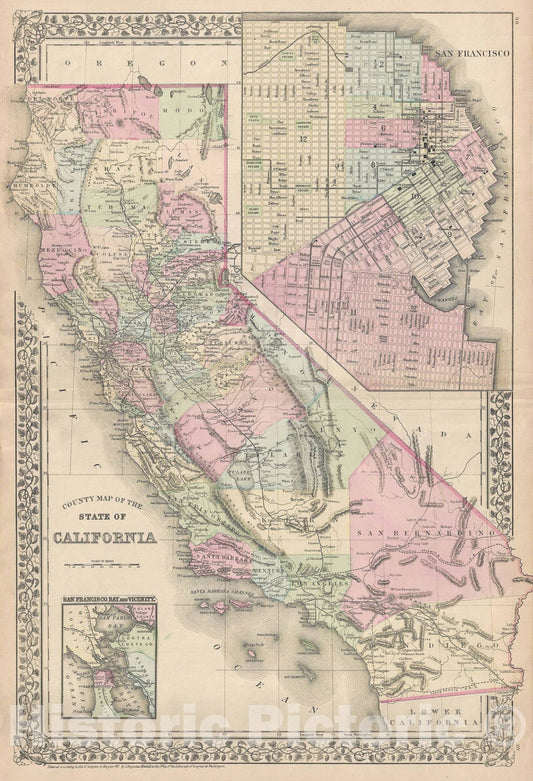Historic Map : California with Inset of San Francisco and S.F. Bay, Mitchell, 1881, Vintage Wall Art