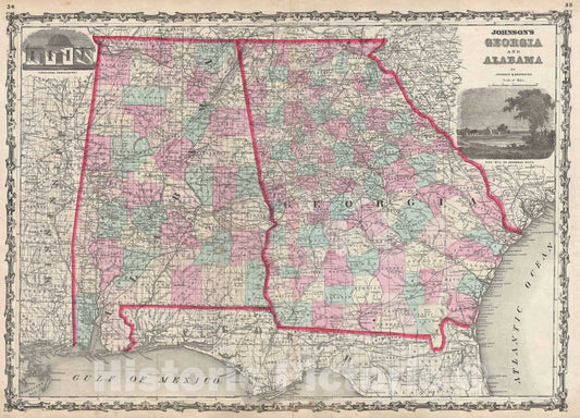 Historic Map : Georgia and Alabama, Johnson, 1861, Vintage Wall Art