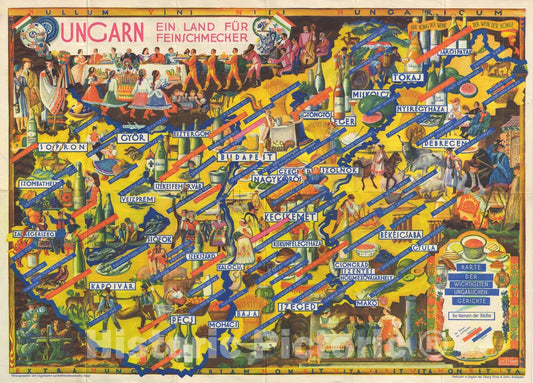 Historic Map : Gourmet Food Map of Hungary, Erno, 1935, Vintage Wall Art