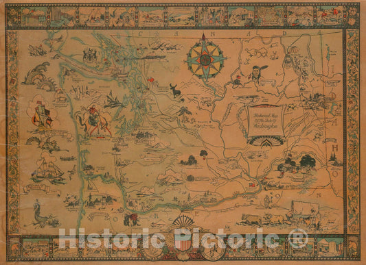 Historic Map : Bertha Ballou Pictorial Map of Washington State, 1931, Vintage Wall Art