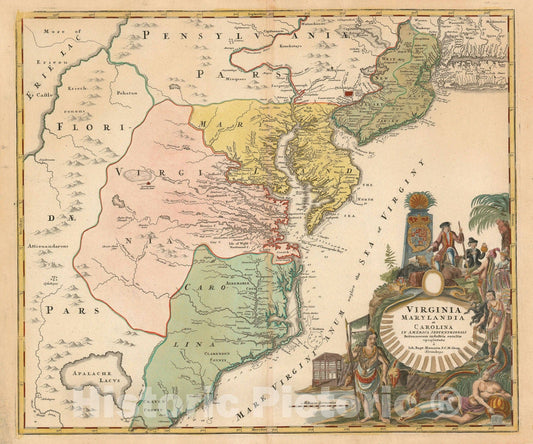 Historic Map : Carolina, Virginia, Maryland and New Jersey, Homann, 1715, Vintage Wall Art